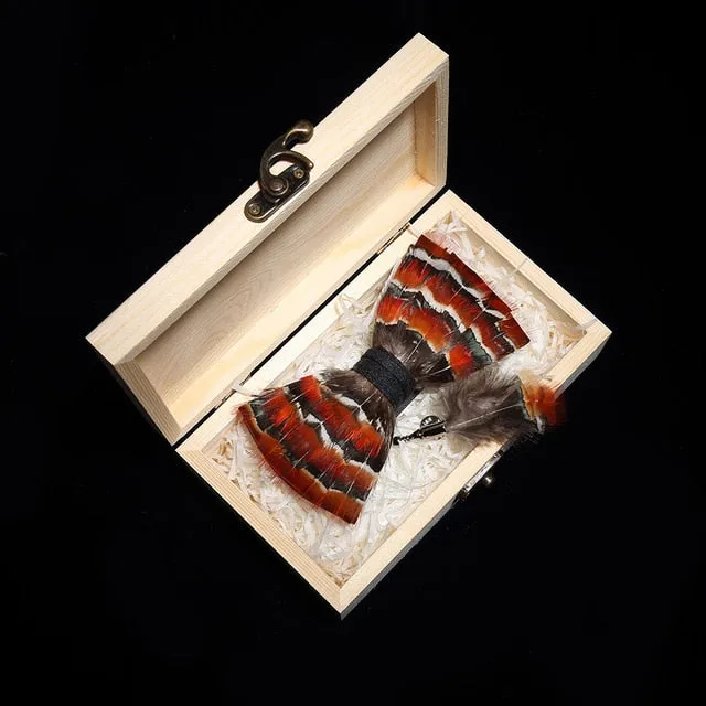 Feather Bow Ties & Brooches in Wooden Box Collection