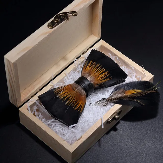 Feather Bow Ties & Brooches in Wooden Box Collection