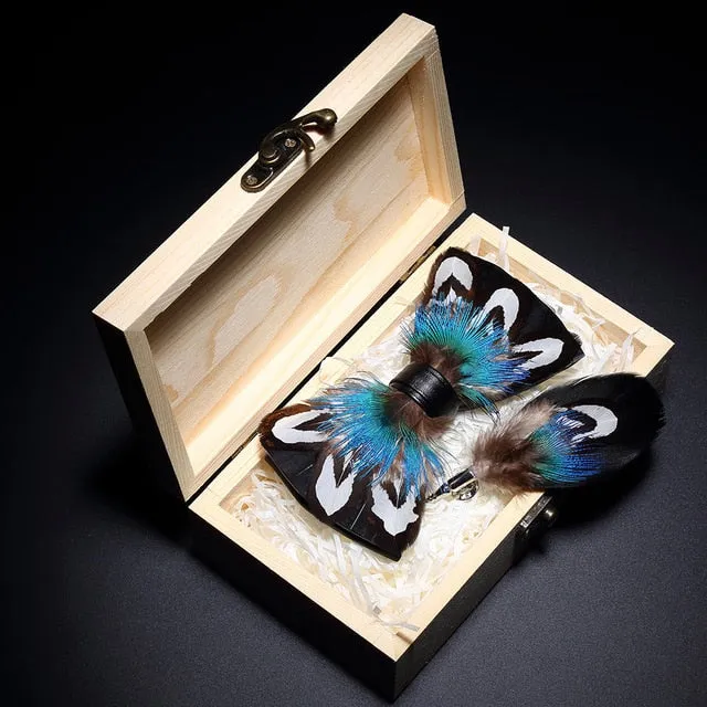 Feather Bow Ties & Brooches in Wooden Box Collection