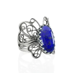 Filigree Art Lapis Lazuli Gemstone Butterfly Design Women Silver Cocktail Ring