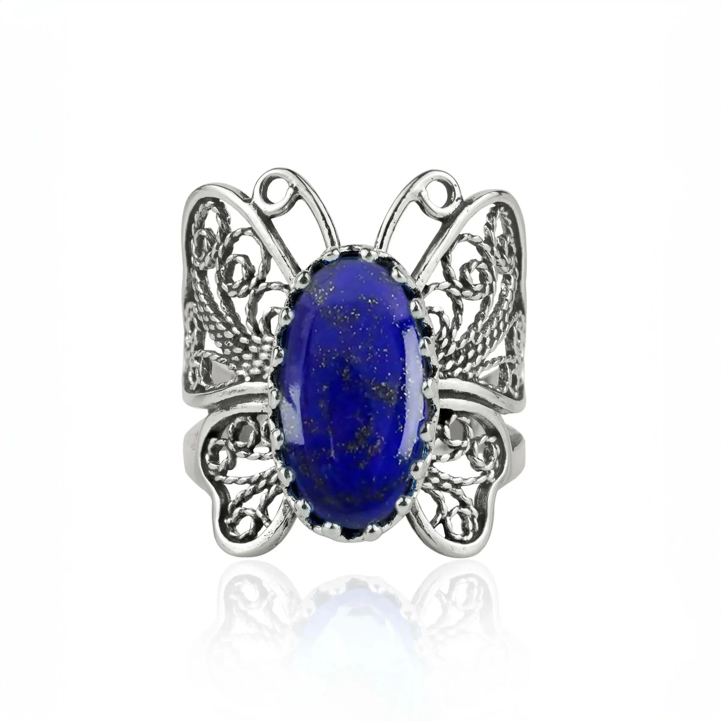 Filigree Art Lapis Lazuli Gemstone Butterfly Design Women Silver Cocktail Ring