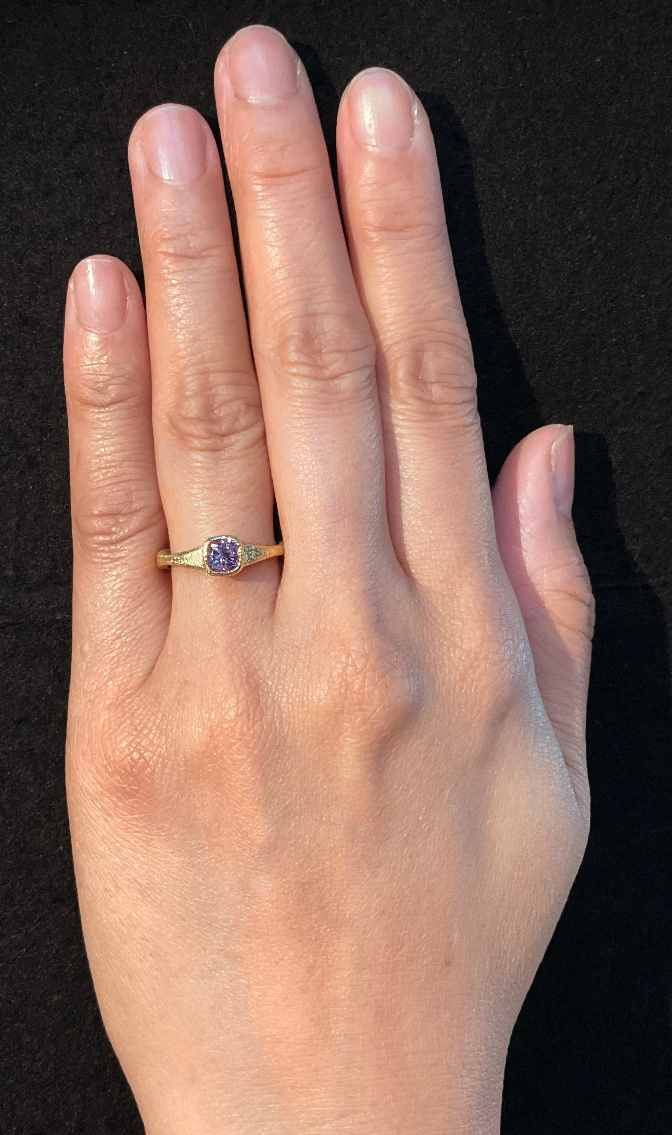 Forged Cushion Cut Pink Spinel Ring in 18k gold