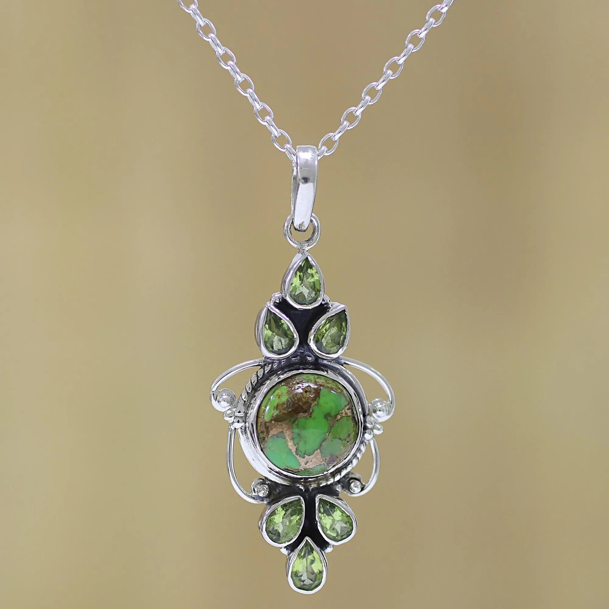 Glittering Green Peridot and Composite Turquoise Pendant Necklace from India