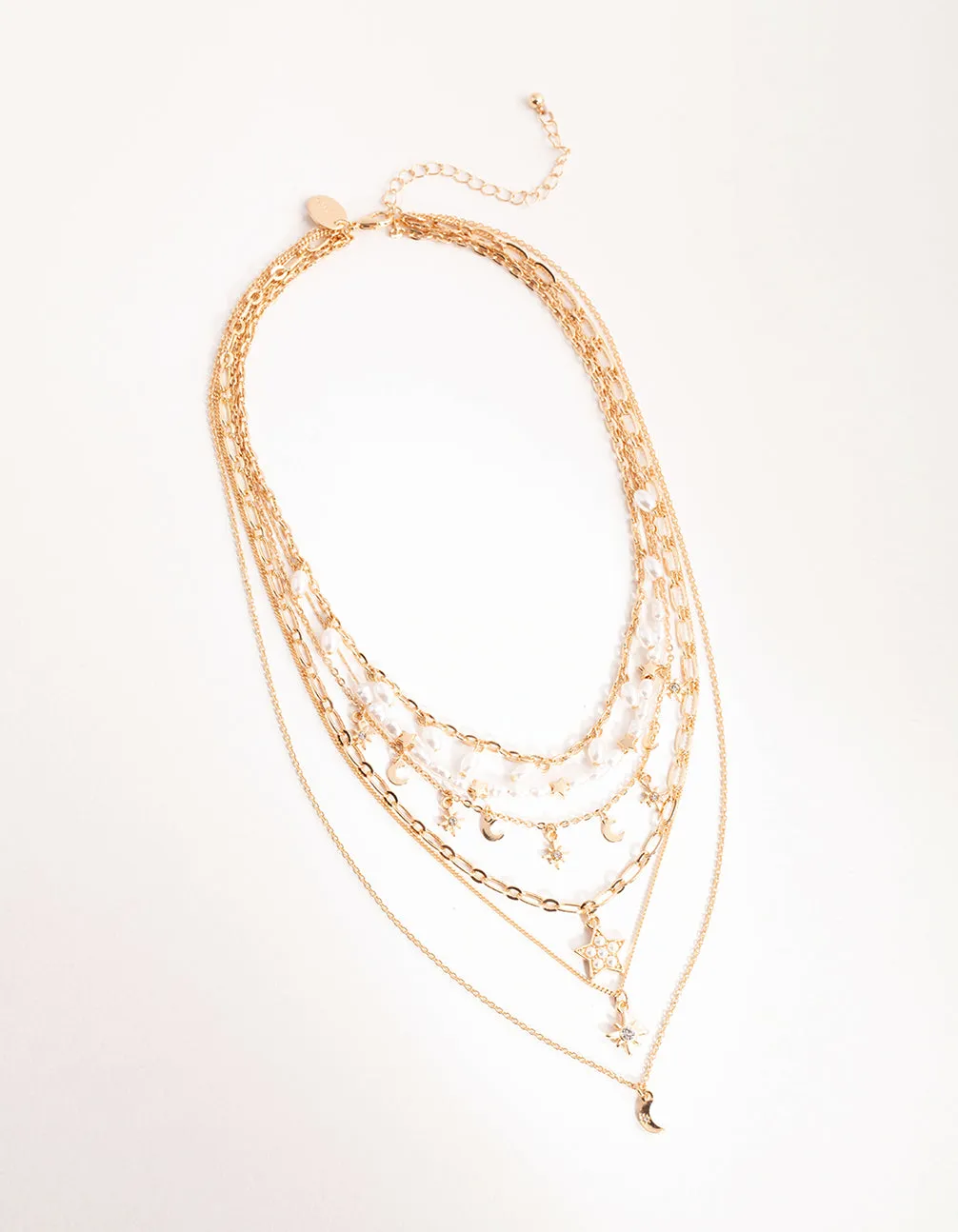 Gold Pearl Drop Celestial 5-Row Necklace
