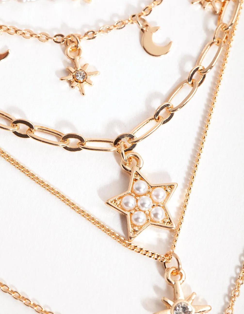 Gold Pearl Drop Celestial 5-Row Necklace