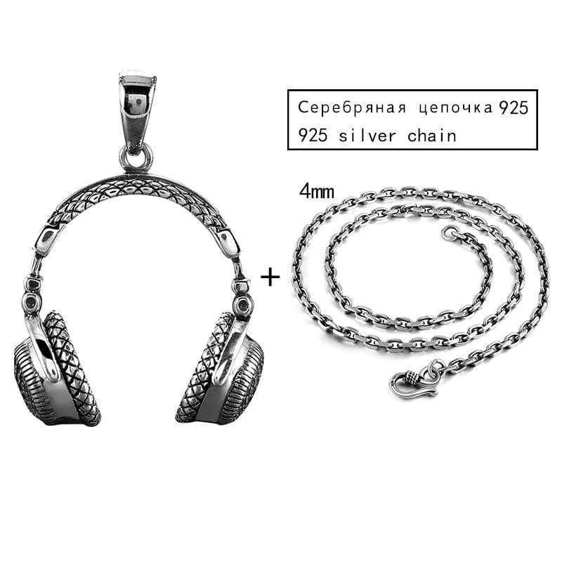 Gothic Solid 925 Sterling Silver Music Headset Pendant Necklace For Men 70*32mm Vintage Fashion Biker Male Jewelry