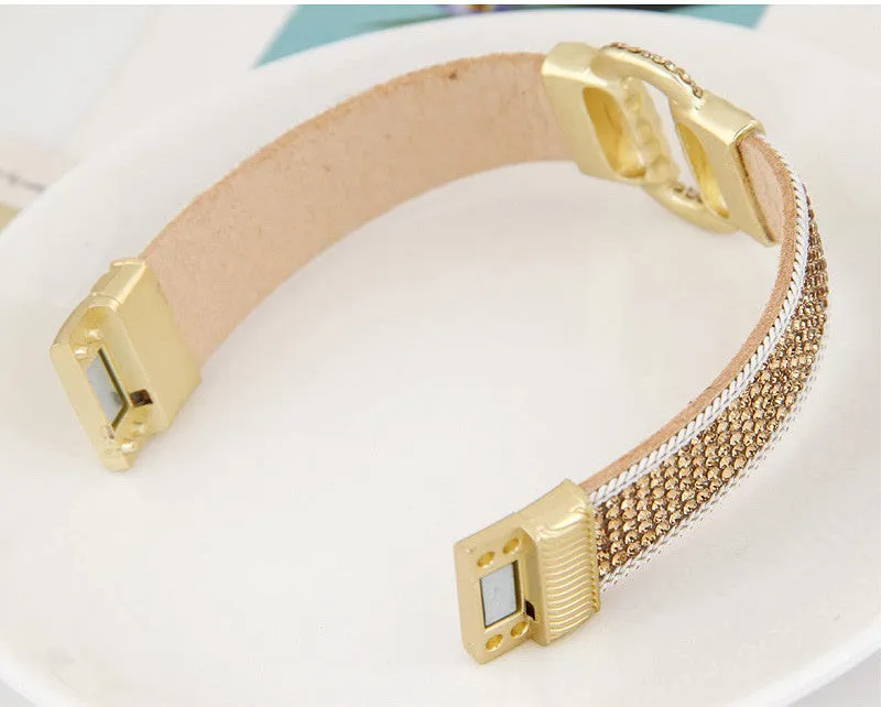 Hot Fashion Sparkling Full Rhinestone Belt Buckle Wide Magnetic Leather bracelets & bangles Women Statement Pulsera Mujer Bijoux