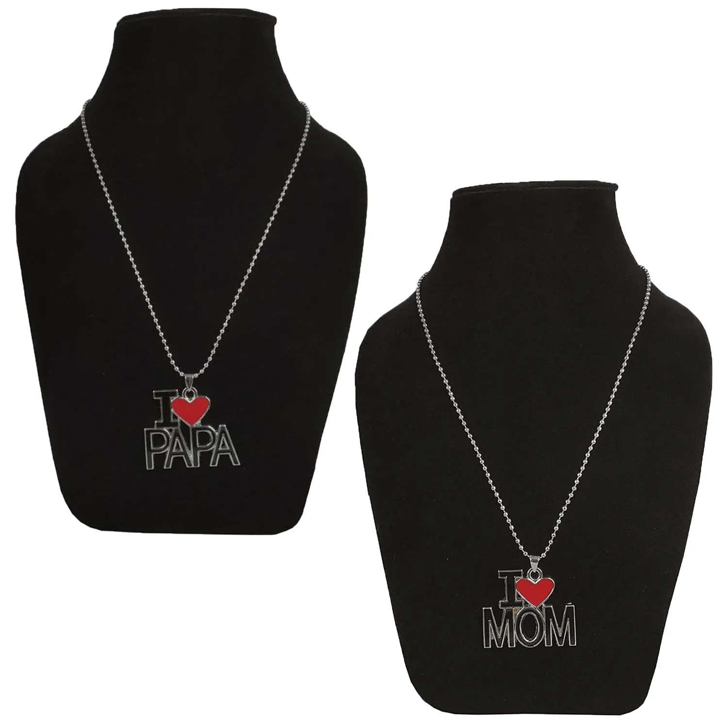 I Love Mom'' & ''I Love Dad'' Letter Heart Meena Enamelled Pendant Combo with Ball Chain