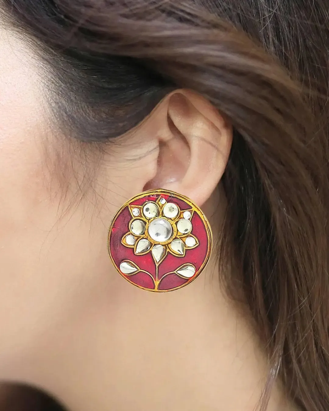 Kundan Circle Earrings (Crimson)