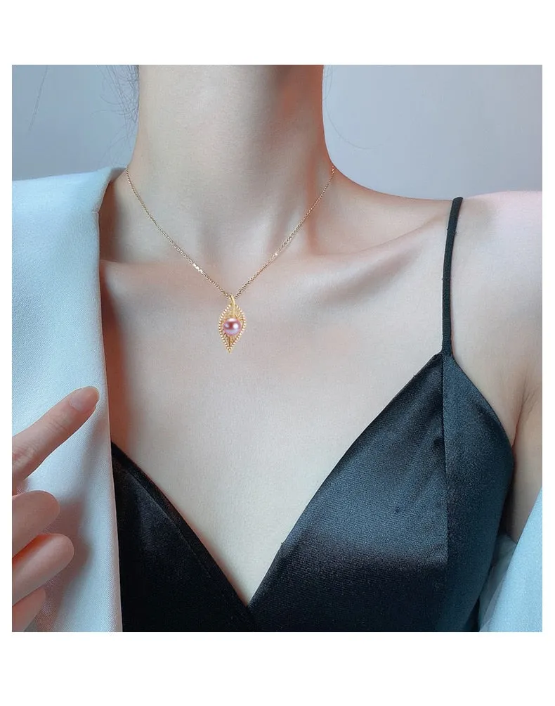Leaf Pearl Necklace 100% Real Freshwater Pearl 925 Sterling Silver Pendant