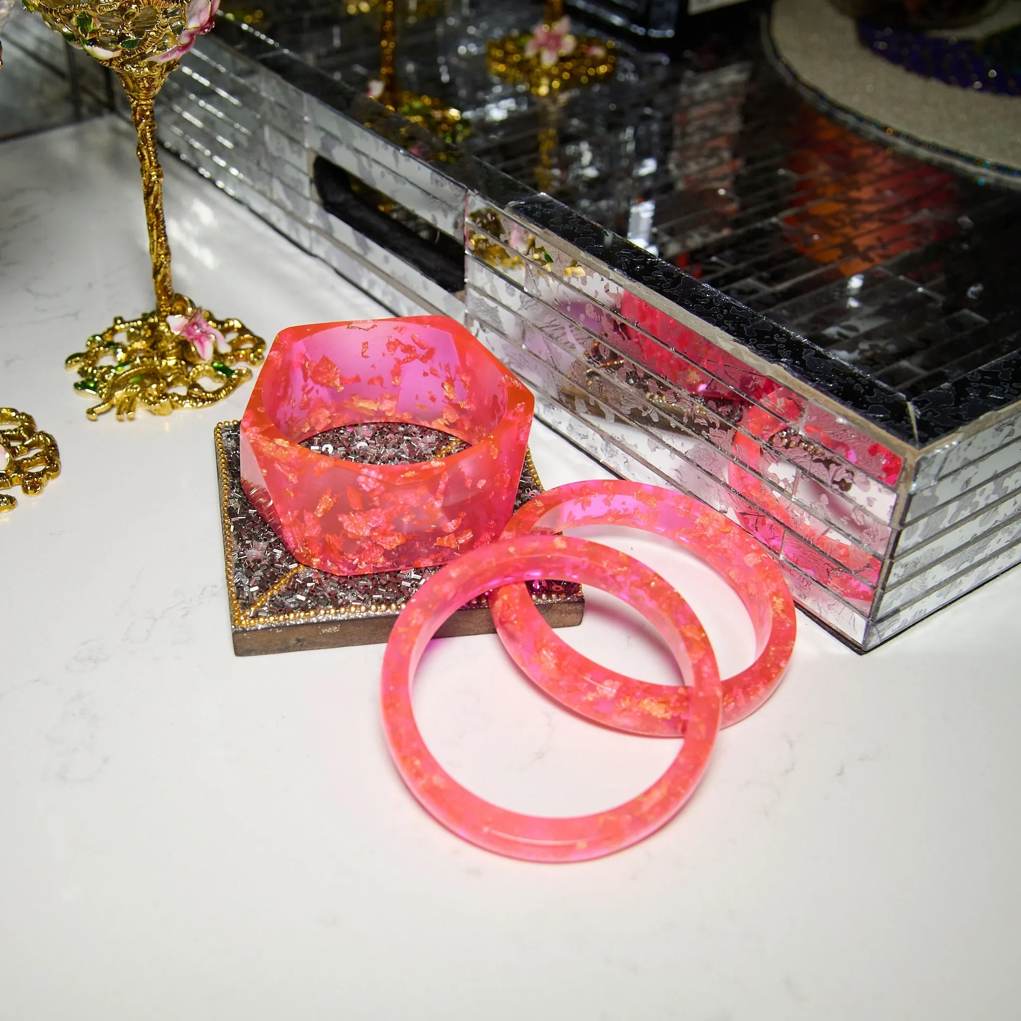 Malika 3pc Bangle Stack - Hot Pink & Metallic Gold Fleck