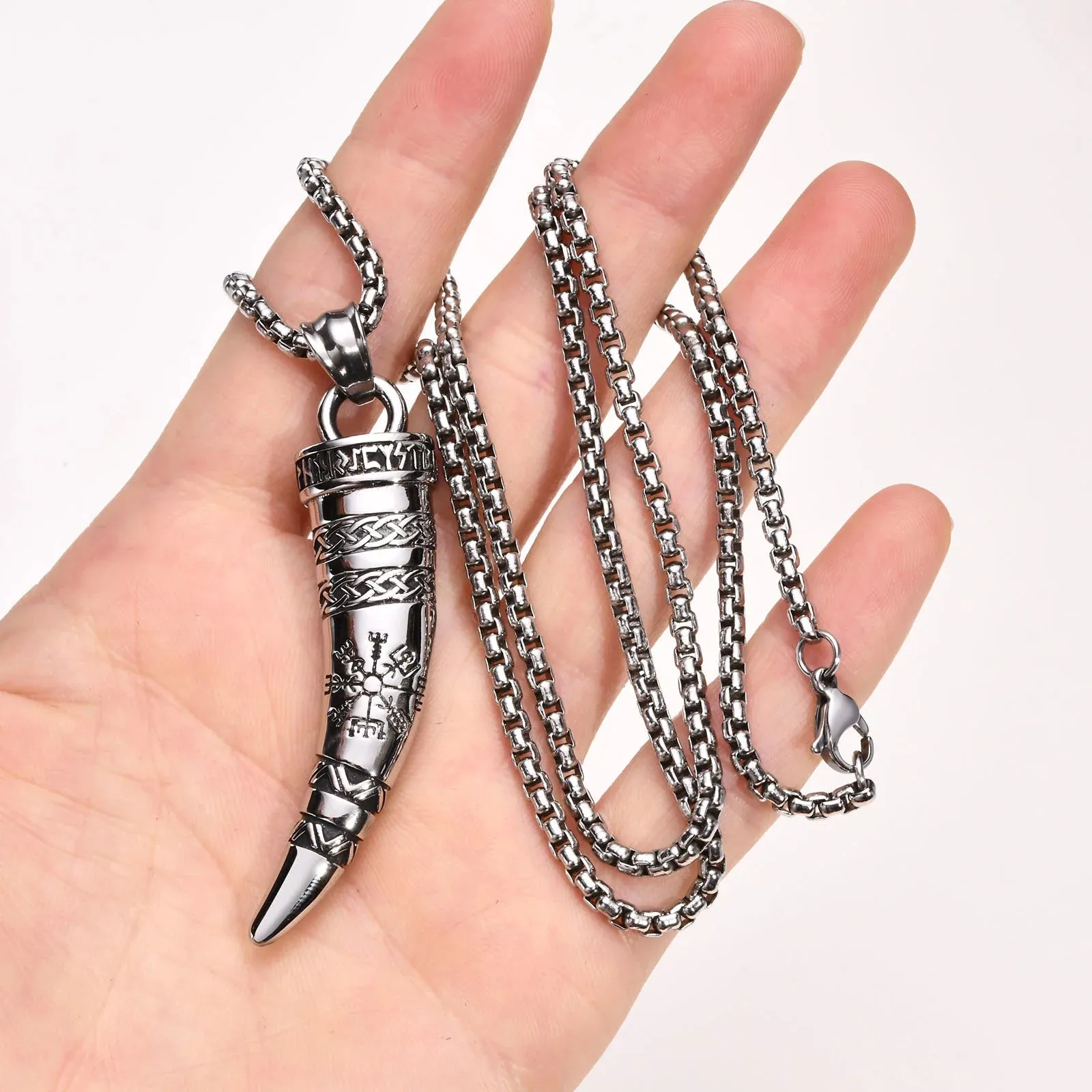 Men's Punk Viking Horn Necklaces, Waterproof Stainless Steel Norse Celtic Knots Compass Pendant