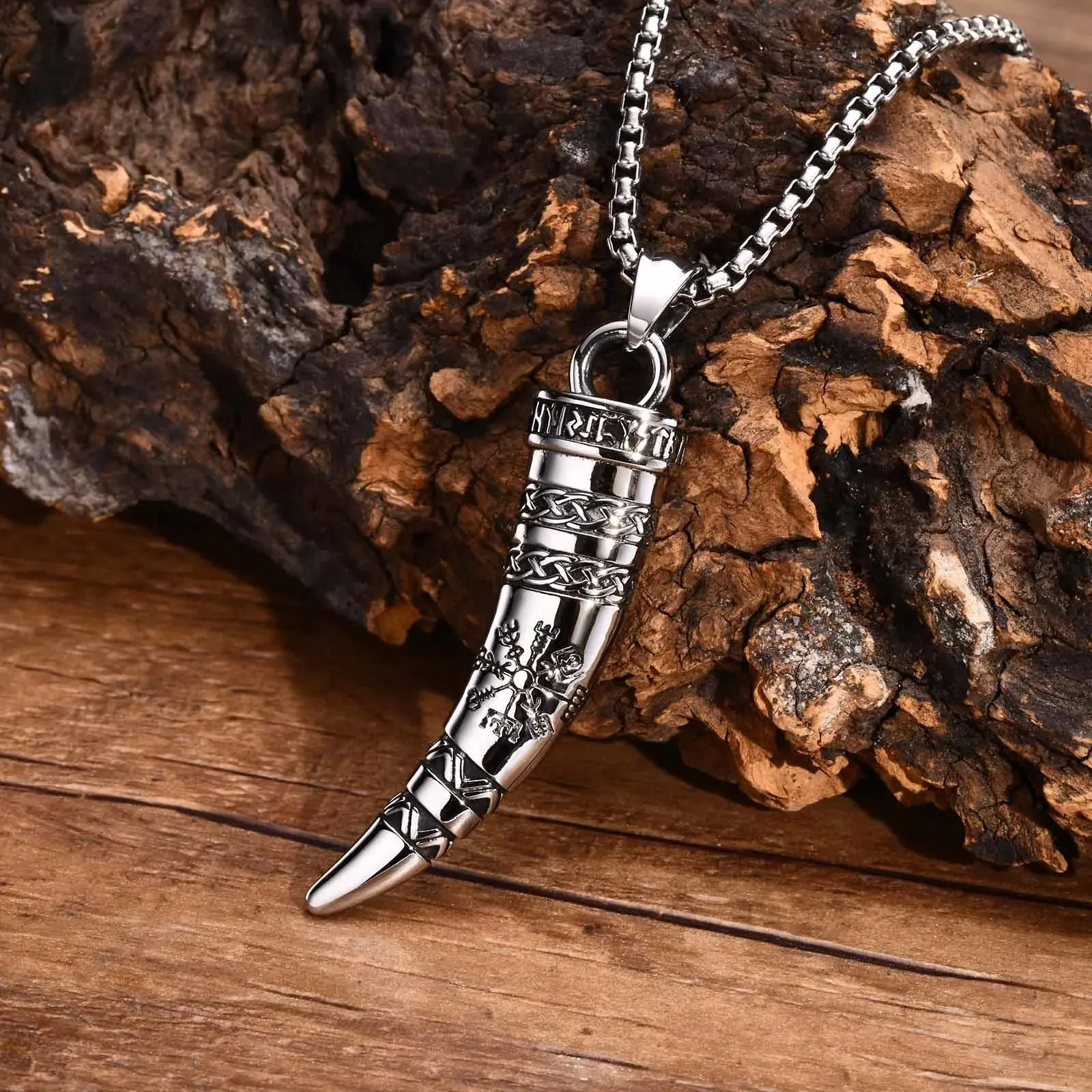 Men's Punk Viking Horn Necklaces, Waterproof Stainless Steel Norse Celtic Knots Compass Pendant