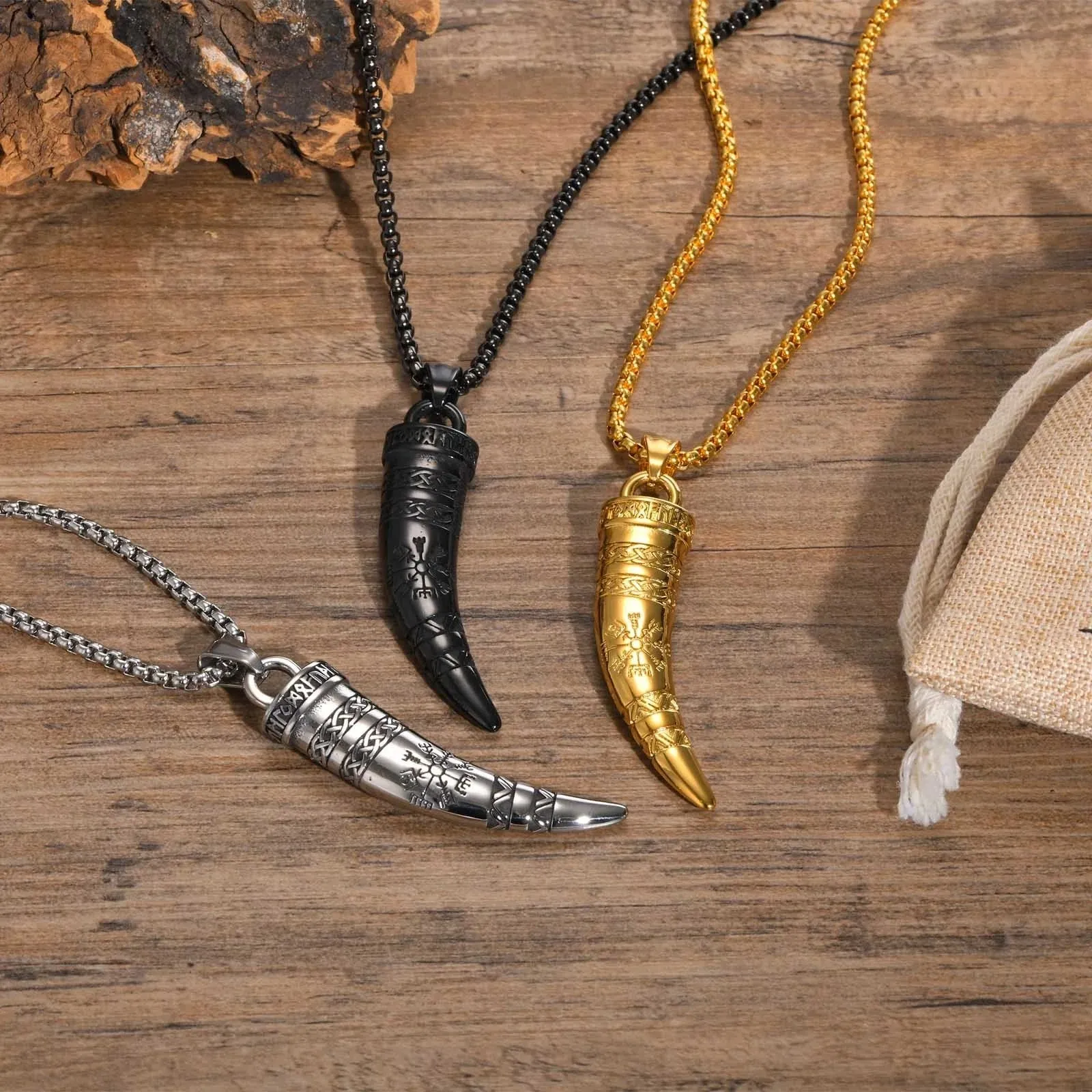 Men's Punk Viking Horn Necklaces, Waterproof Stainless Steel Norse Celtic Knots Compass Pendant