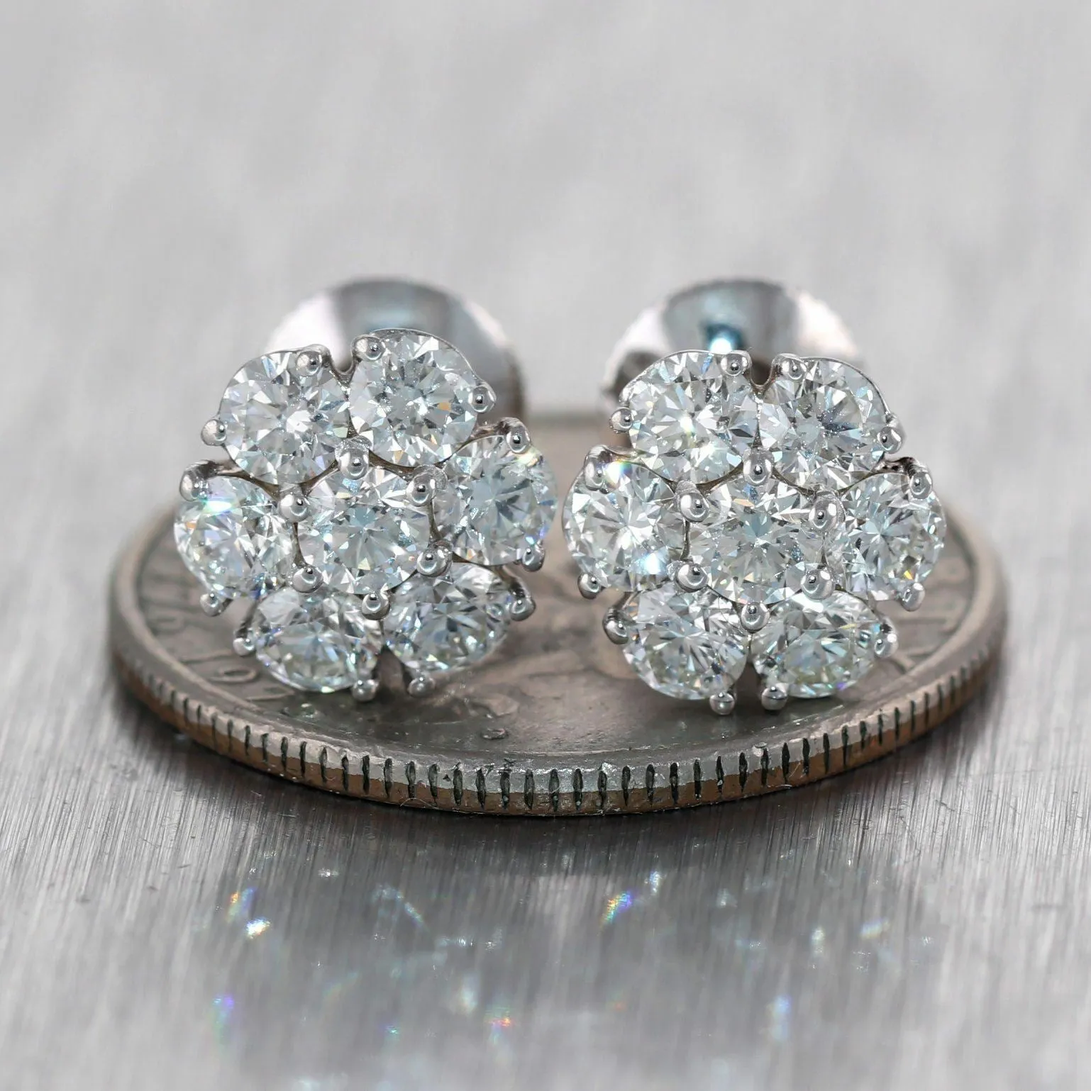 Modern 14k White Gold 2.25ctw Diamond Cluster Stud Earrings