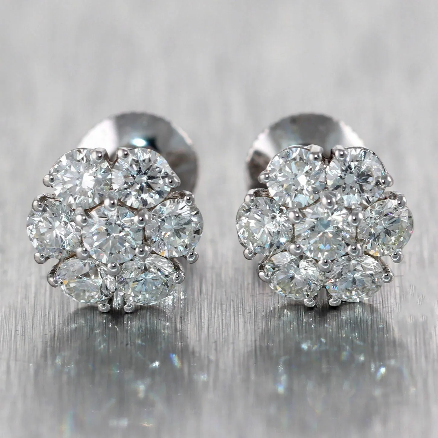 Modern 14k White Gold 2.25ctw Diamond Cluster Stud Earrings