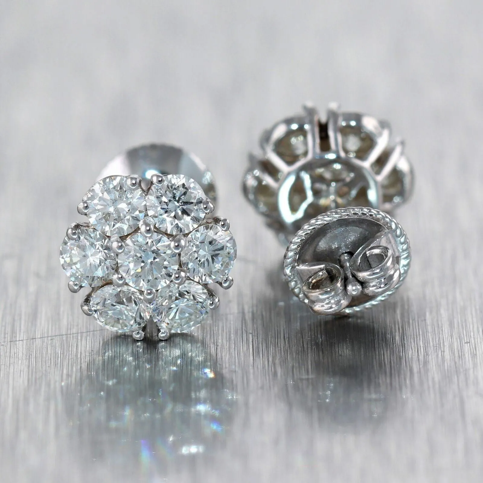 Modern 14k White Gold 2.25ctw Diamond Cluster Stud Earrings