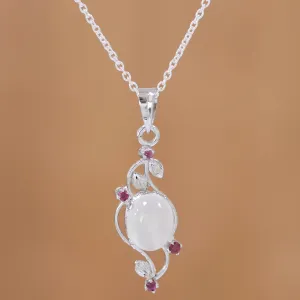 Moonlight Revel Moonstone and Ruby Sterling Silver Pendant Necklace