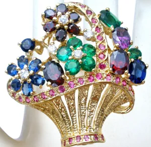 Multi Color Gemstone Basket Brooch Vintage