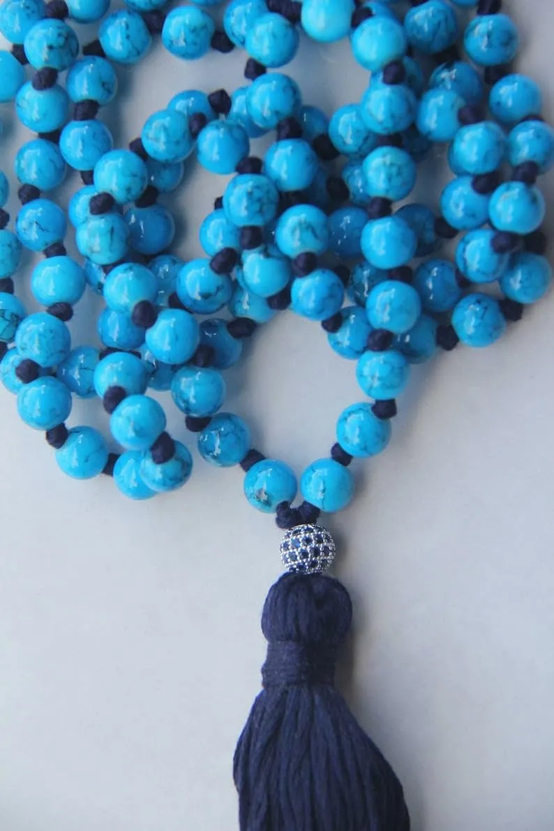 Natural Blue Glass Beads 8mm 108 Mala Beads, Spiritual, Meditation Beads, Reiki, Japa Mala, Buddhist Prayer Beads, Yoga Bracelet, healing beads LKMALA-RRGU-2551