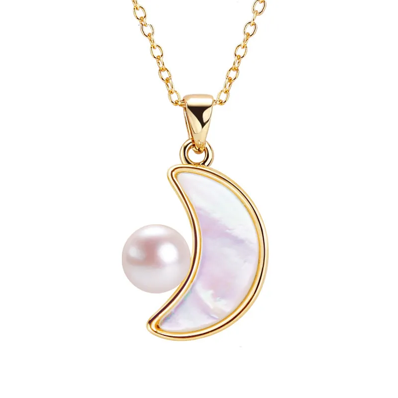 Natural Shell Moon Pearl Pendant Real Natural Pearl Gold Necklace