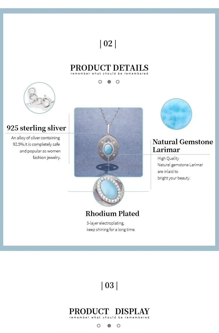 Necklace Charm Jewelry 2021 Trendy Classic 925 Sterling Silver Retro Oval Natural Precious Larimar Pendant