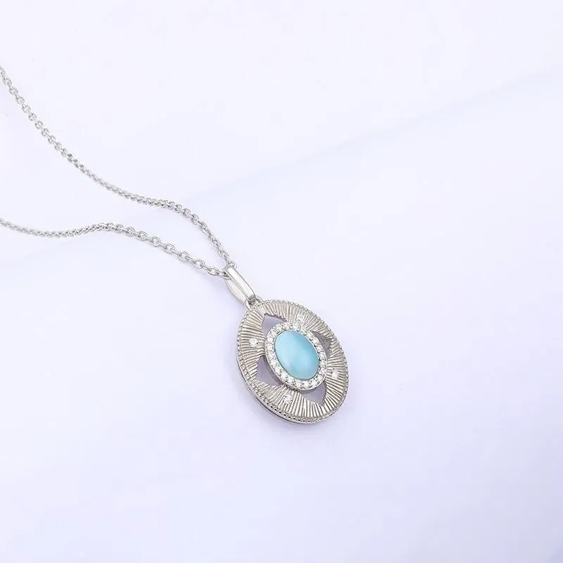 Necklace Charm Jewelry 2021 Trendy Classic 925 Sterling Silver Retro Oval Natural Precious Larimar Pendant