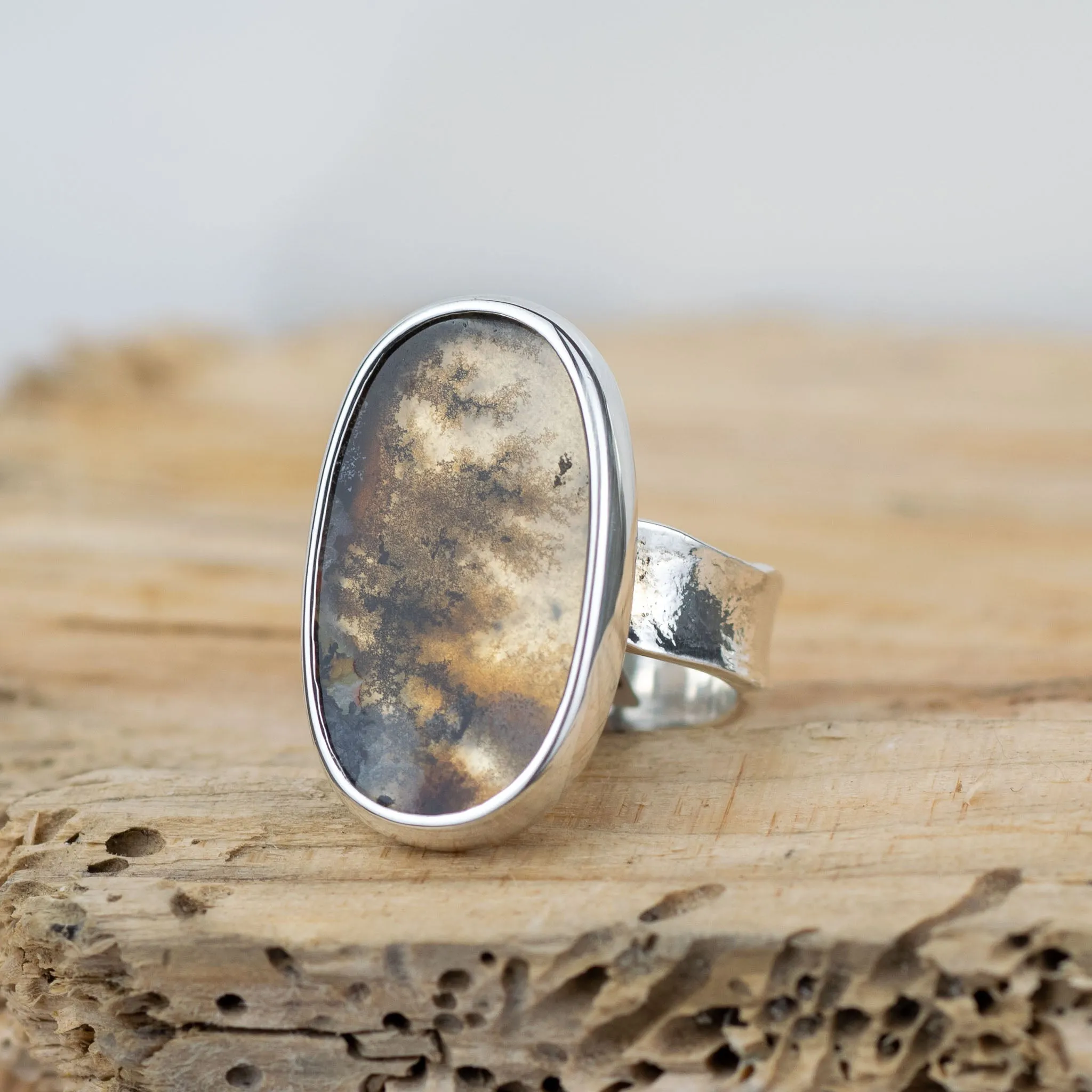 No.338 - Silver Dendritic Agate Ring - Size K
