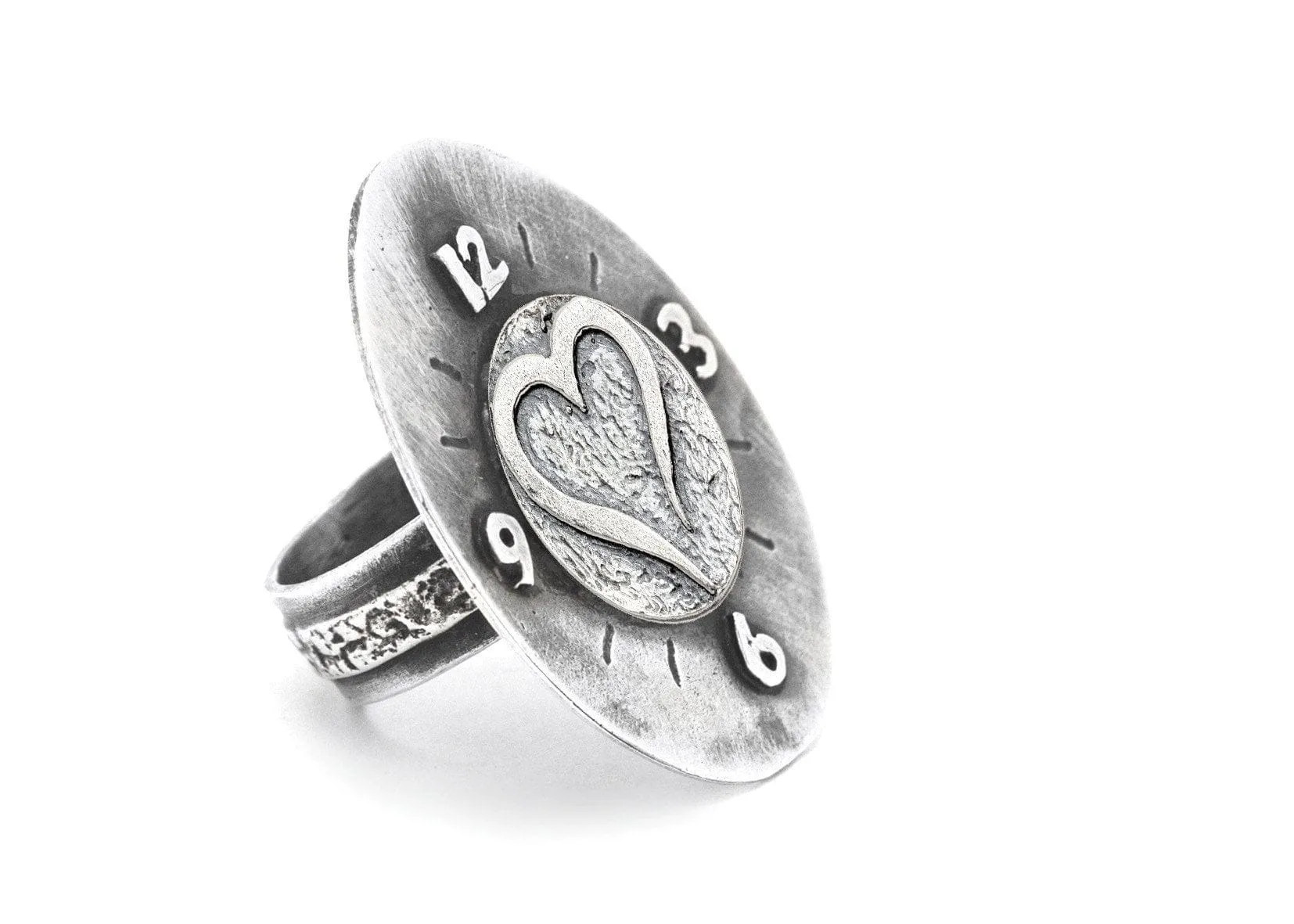 Open Heart Coin Timeless Medallion Clock Ring