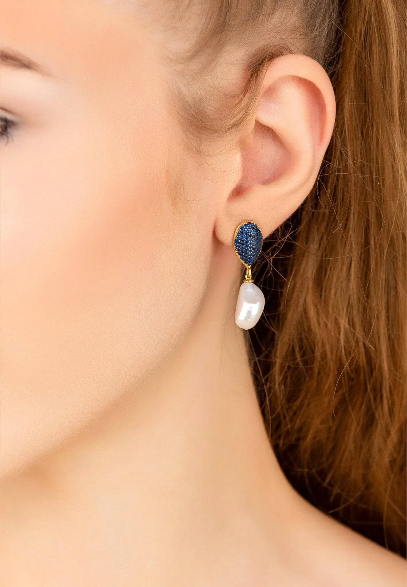 Pearl Classic Drop Earrings Gold Sapphire Blue Cz