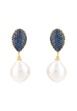 Pearl Classic Drop Earrings Gold Sapphire Blue Cz
