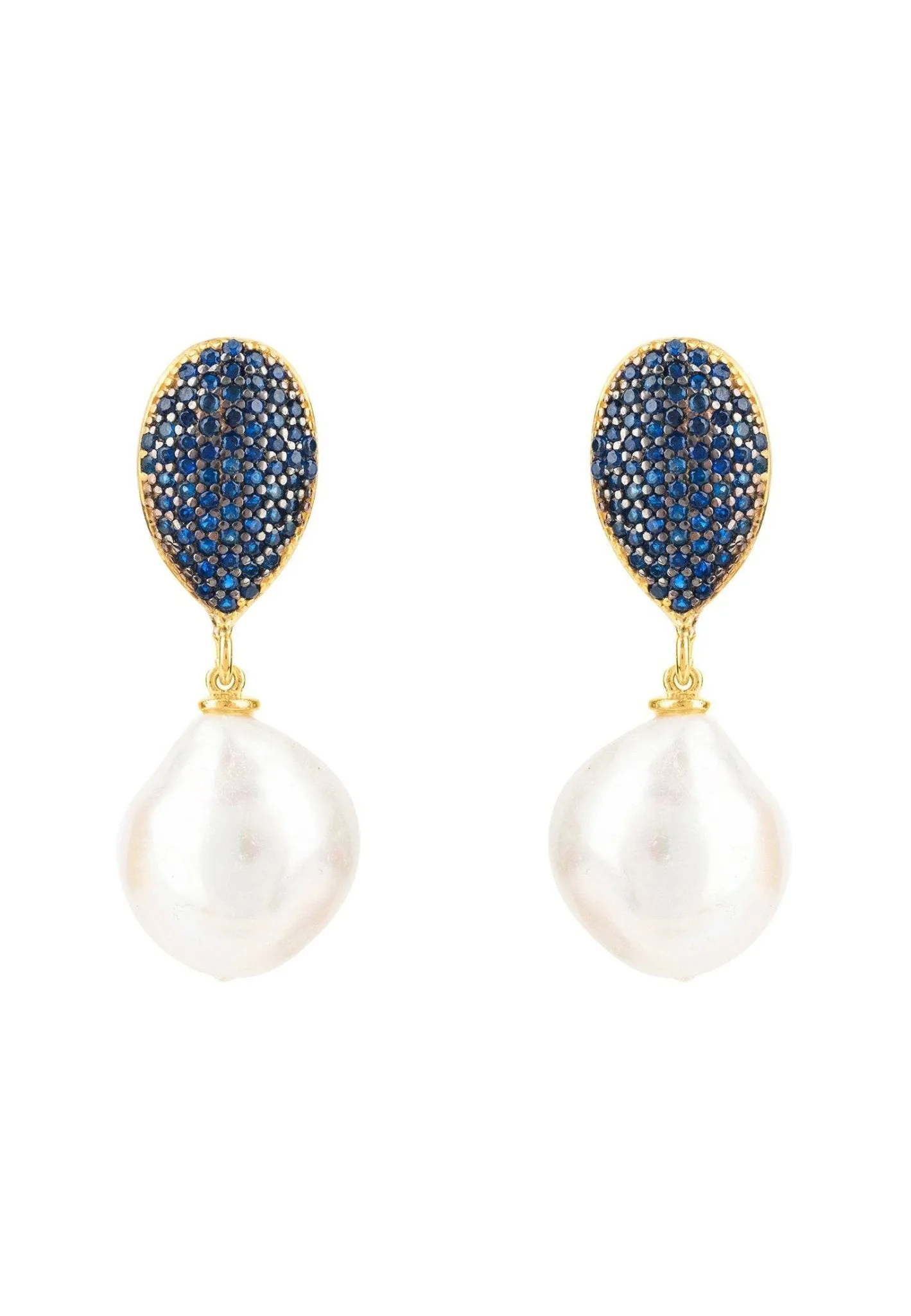 Pearl Classic Drop Earrings Gold Sapphire Blue Cz