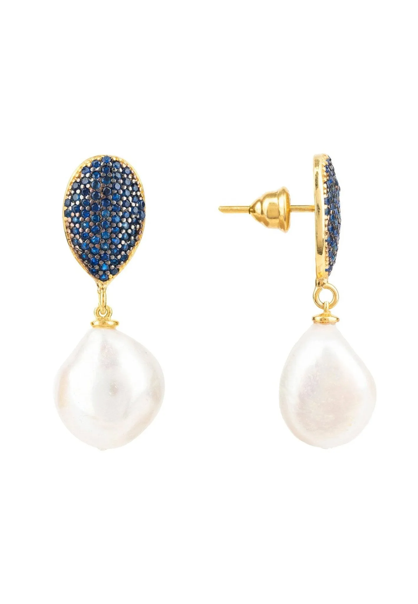 Pearl Classic Drop Earrings Gold Sapphire Blue Cz