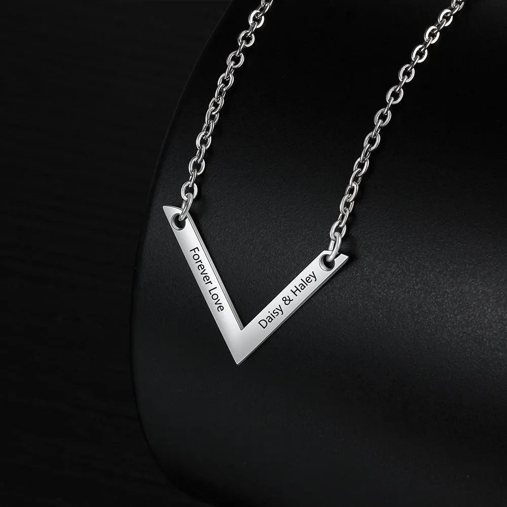 Personalized Stainless Steel Jewelry Necklace with V-shaped Engrave Name Pendant, Gift for Women