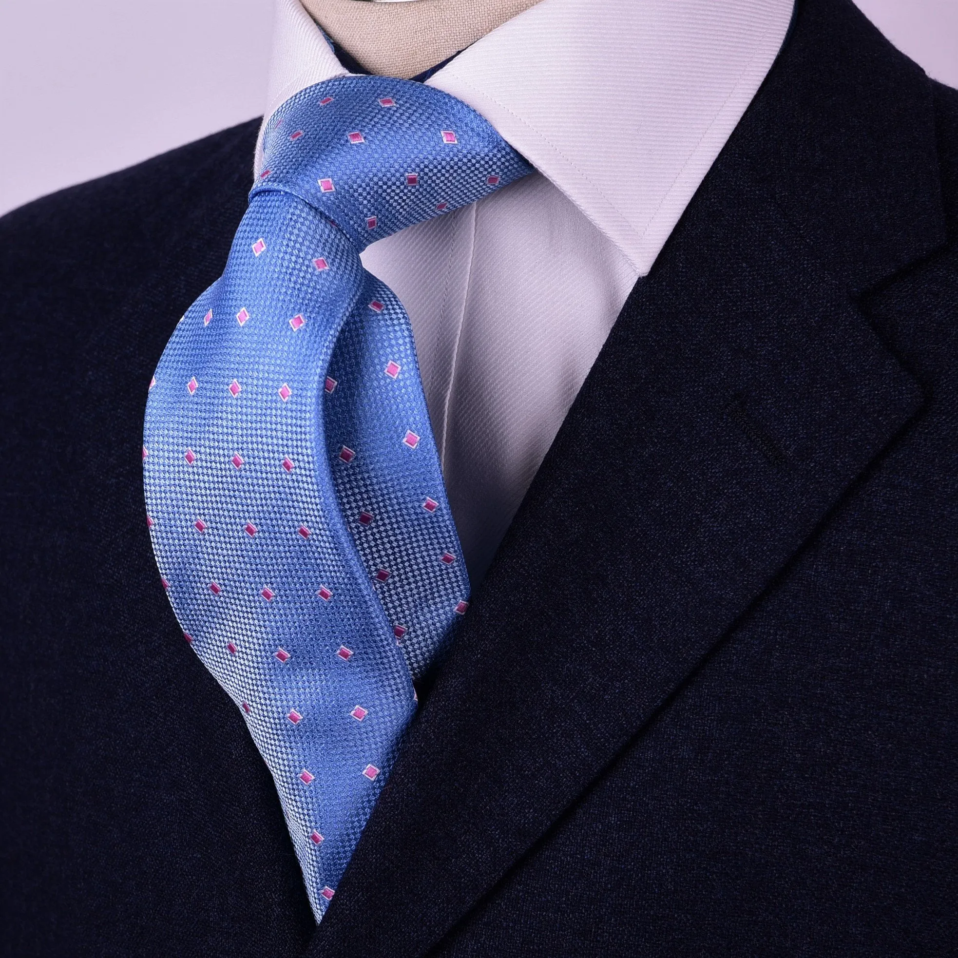 Pink Diamond Encrusted Luxury Designer Blue Ripple Woven Tie 3"