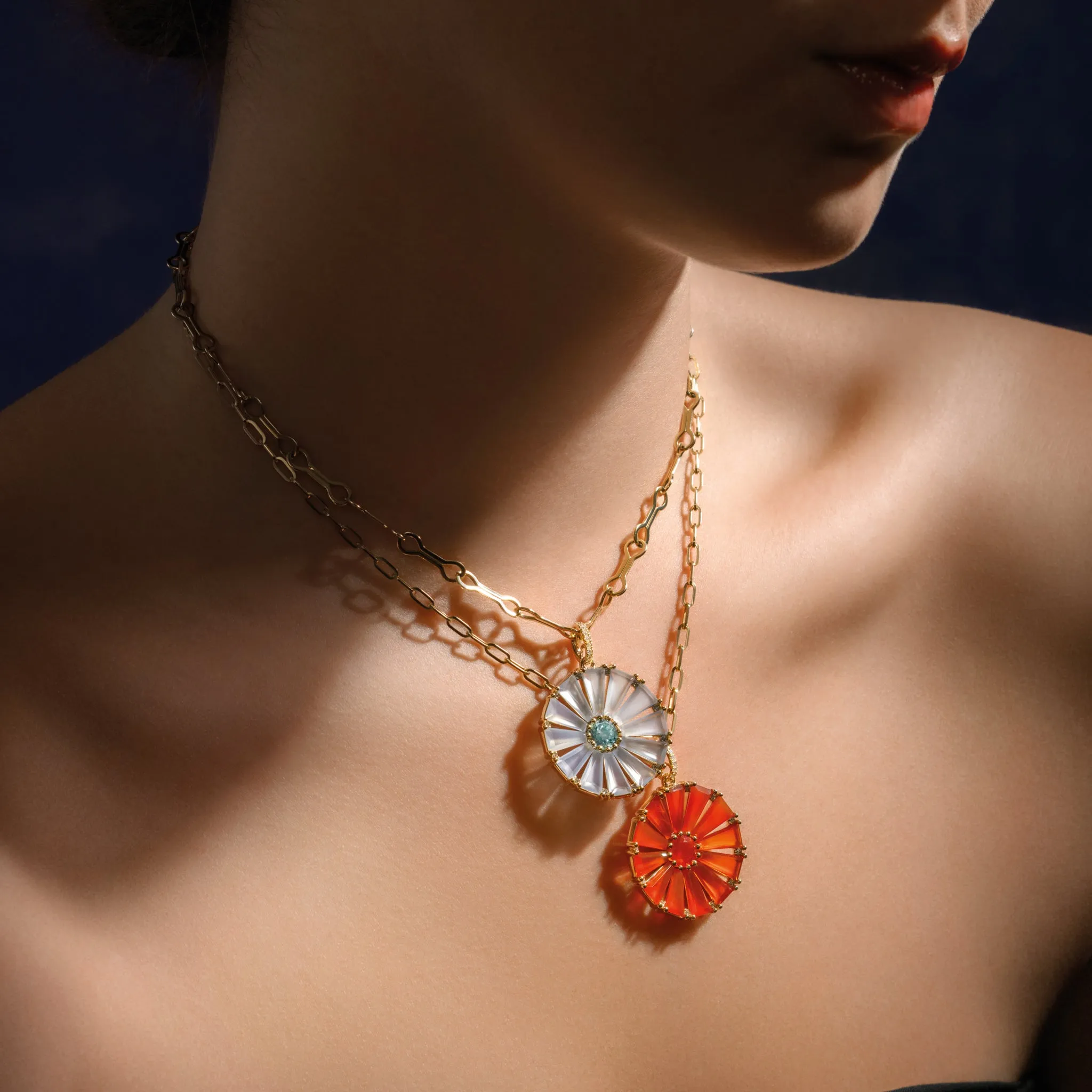 Roi Soleil Large Necklace Pendant Yellow Gold - Blue Chalcedony, Blue Topaz & Diamond