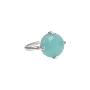 Round Cabochon Aqua Chalcedony Ring in Sterling Silver