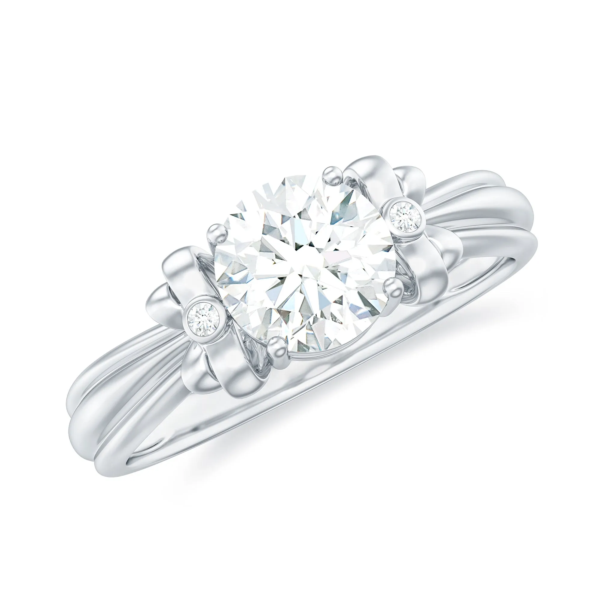 Round Cut Moissanite Solitaire Engagement Ring with Bow