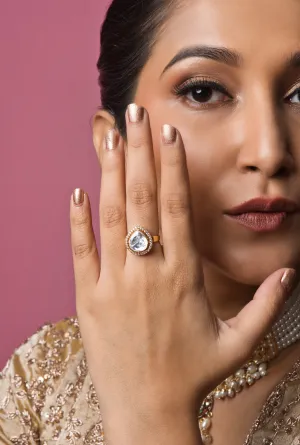 Royal Drop-shaped Kundan Ring - Adjustable