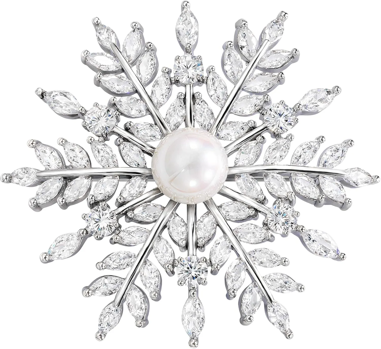 SELOVO Bridal Zircon CZ Bouquet Snowflake Simulated Pearl Brooch Pins Silver Tone