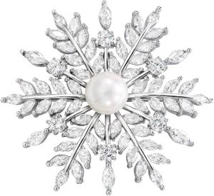 SELOVO Bridal Zircon CZ Bouquet Snowflake Simulated Pearl Brooch Pins Silver Tone