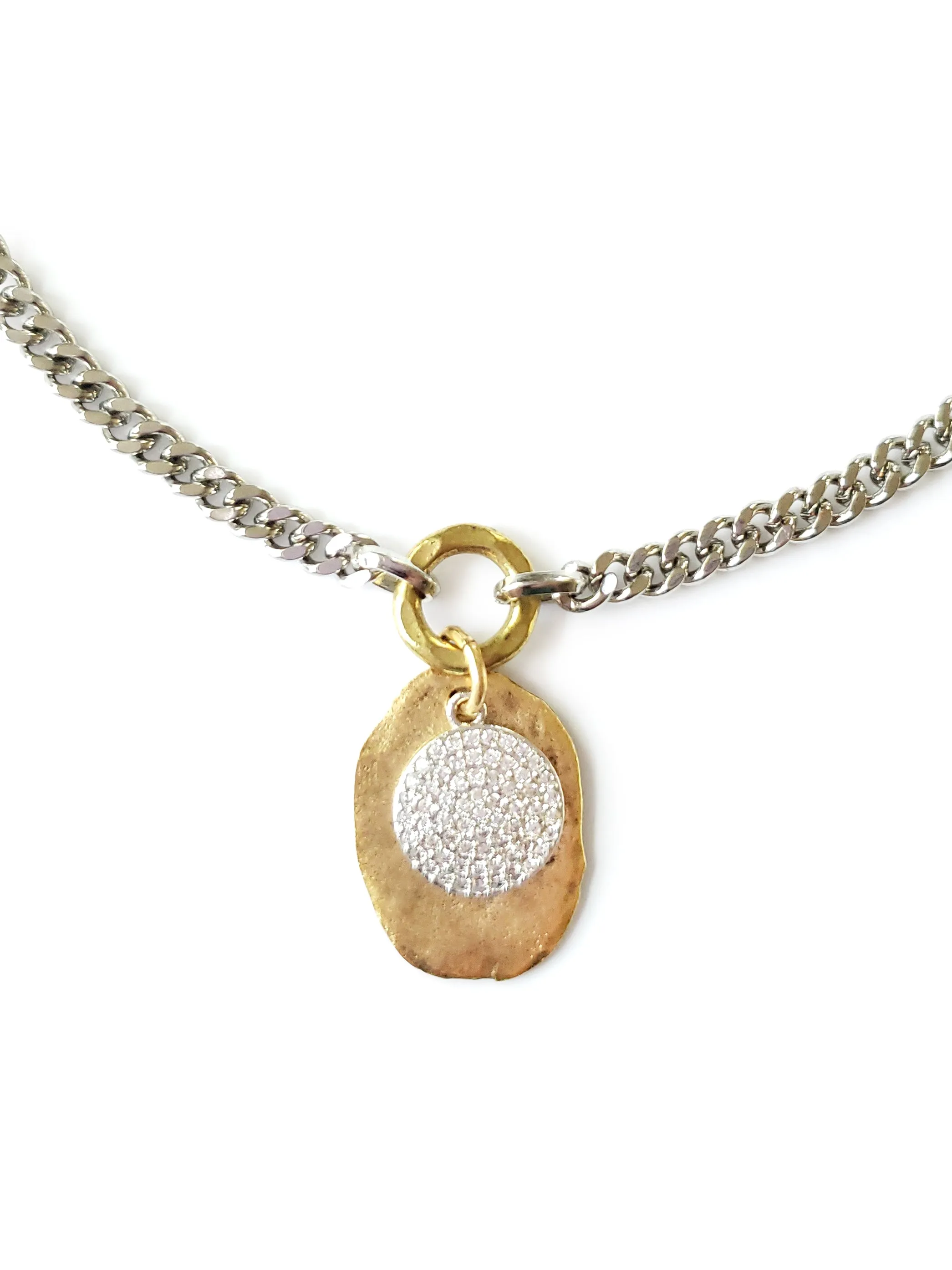 Short Silver Coin Gold Disc Necklace