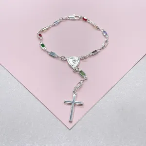 Silver Filled Small Baguette-Cut Colorful Rosary Bracelet, Multicolor with Virgin and Cross Medal