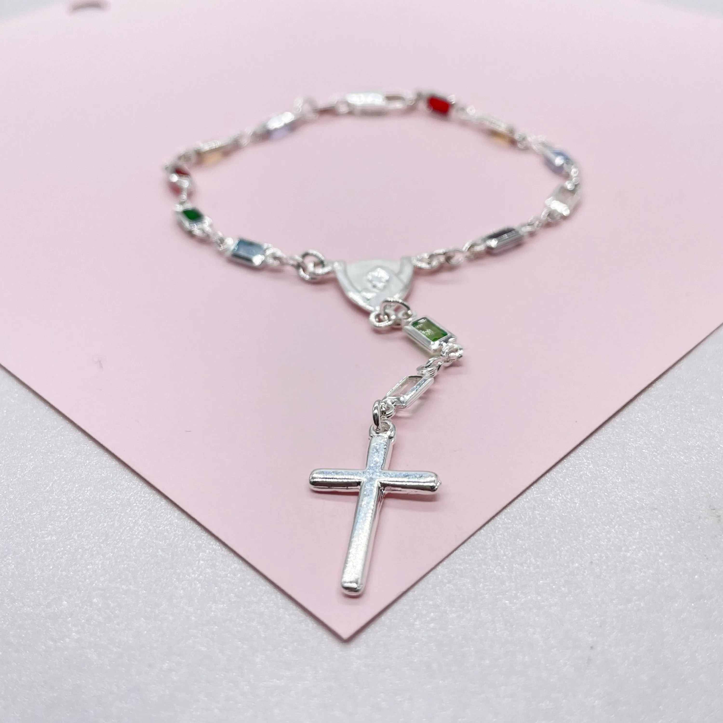 Silver Filled Small Baguette-Cut Colorful Rosary Bracelet, Multicolor with Virgin and Cross Medal