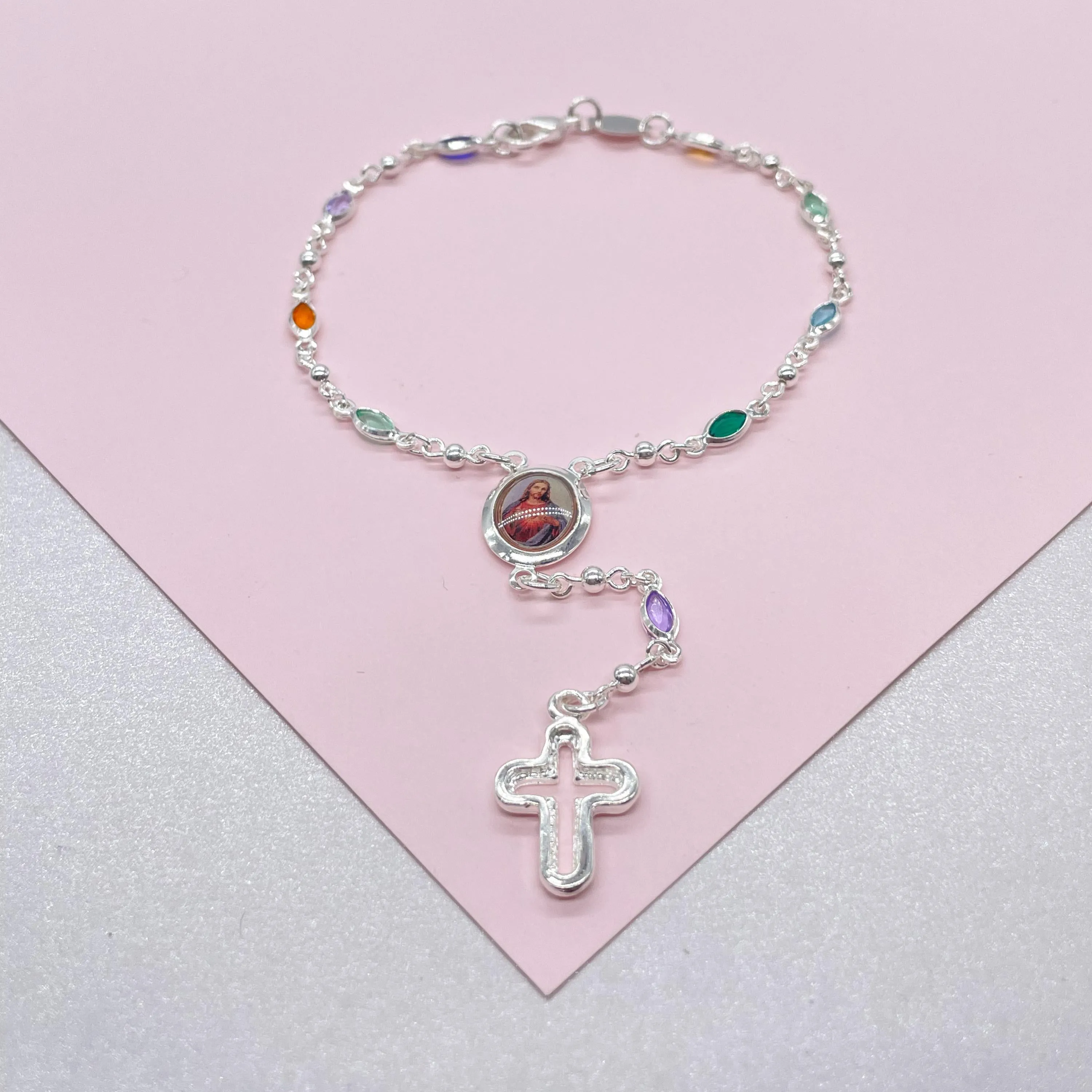 Silver Filled Small Round Colorful Rosary Bracelet, Multicolor with Jesus and Cross Medal
