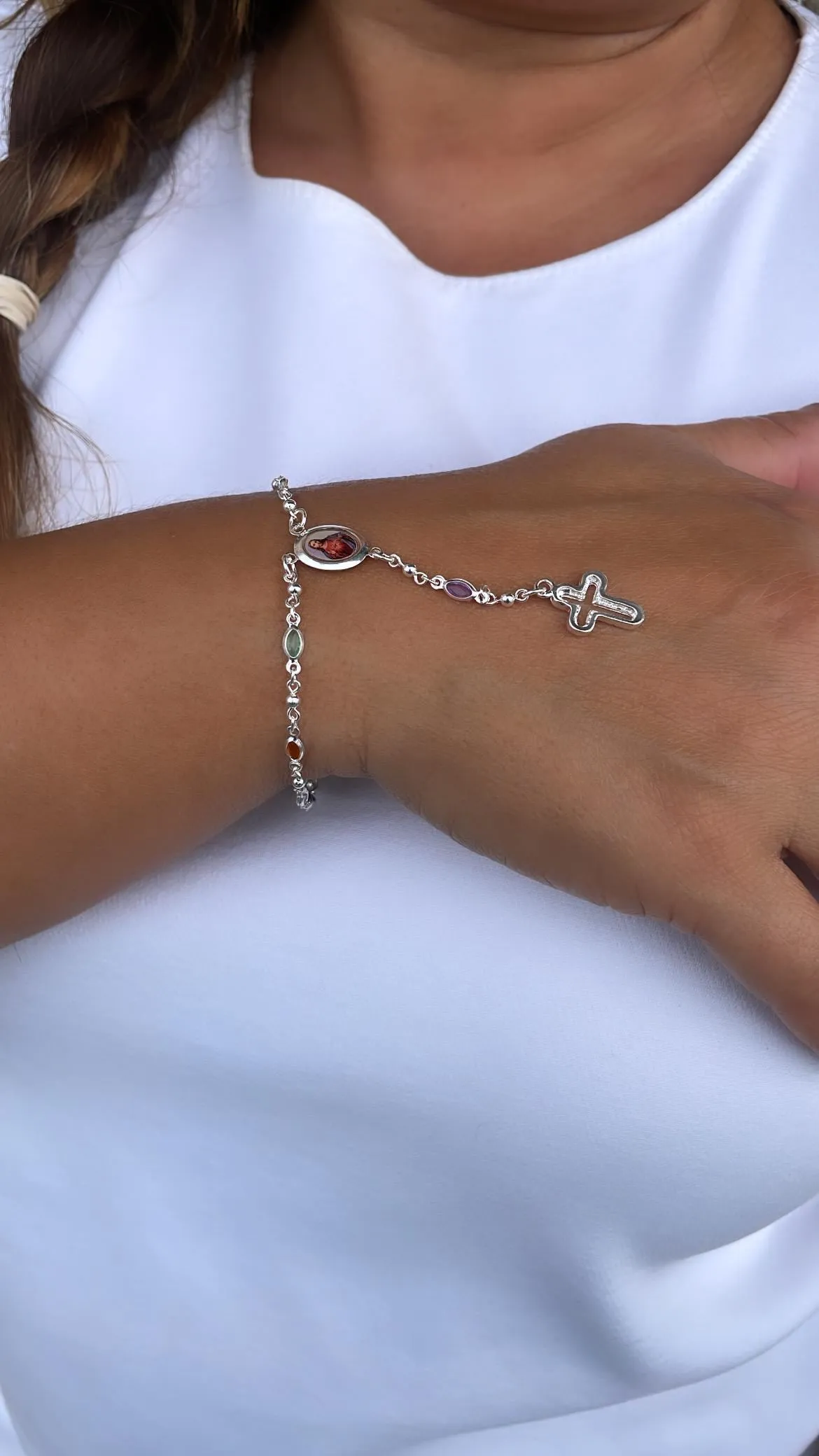 Silver Filled Small Round Colorful Rosary Bracelet, Multicolor with Jesus and Cross Medal