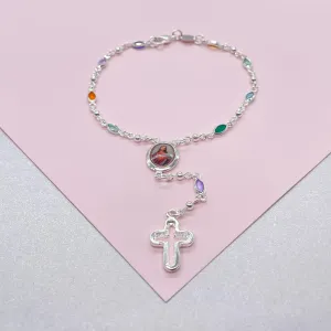 Silver Filled Small Round Colorful Rosary Bracelet, Multicolor with Jesus and Cross Medal