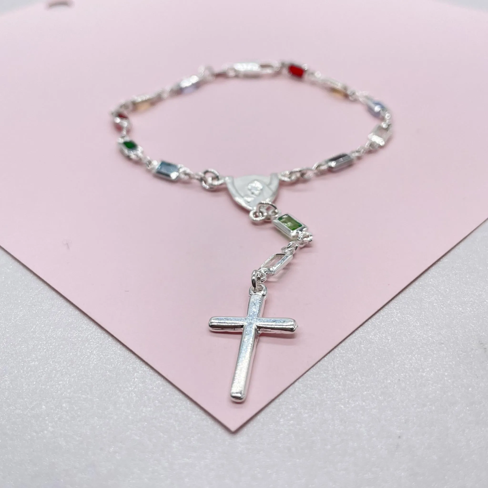 Silver Filled Small Square Colorful Rosary Bracelet, Multicolor with Virgin Mary and Cross Medal