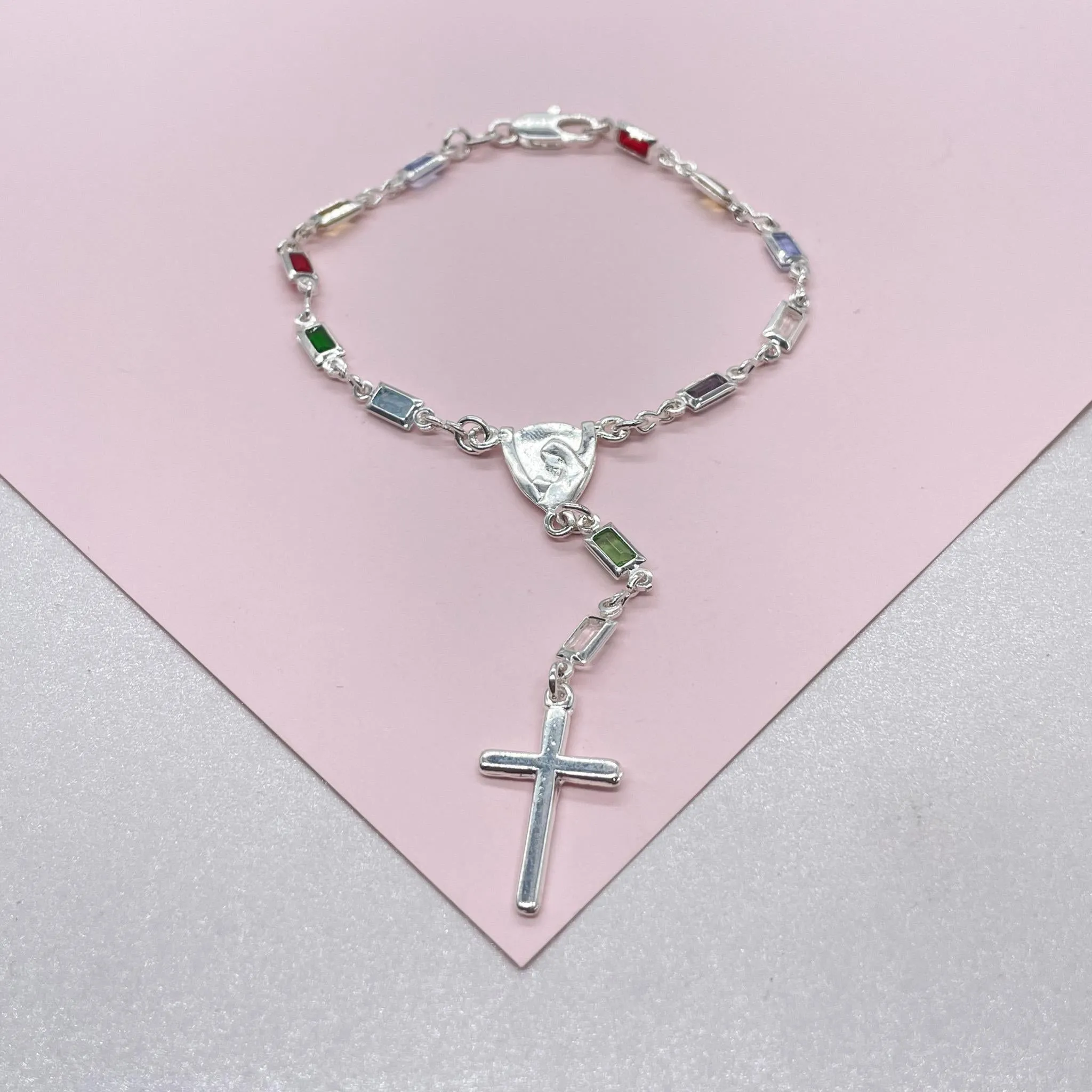 Silver Filled Small Square Colorful Rosary Bracelet, Multicolor with Virgin Mary and Cross Medal