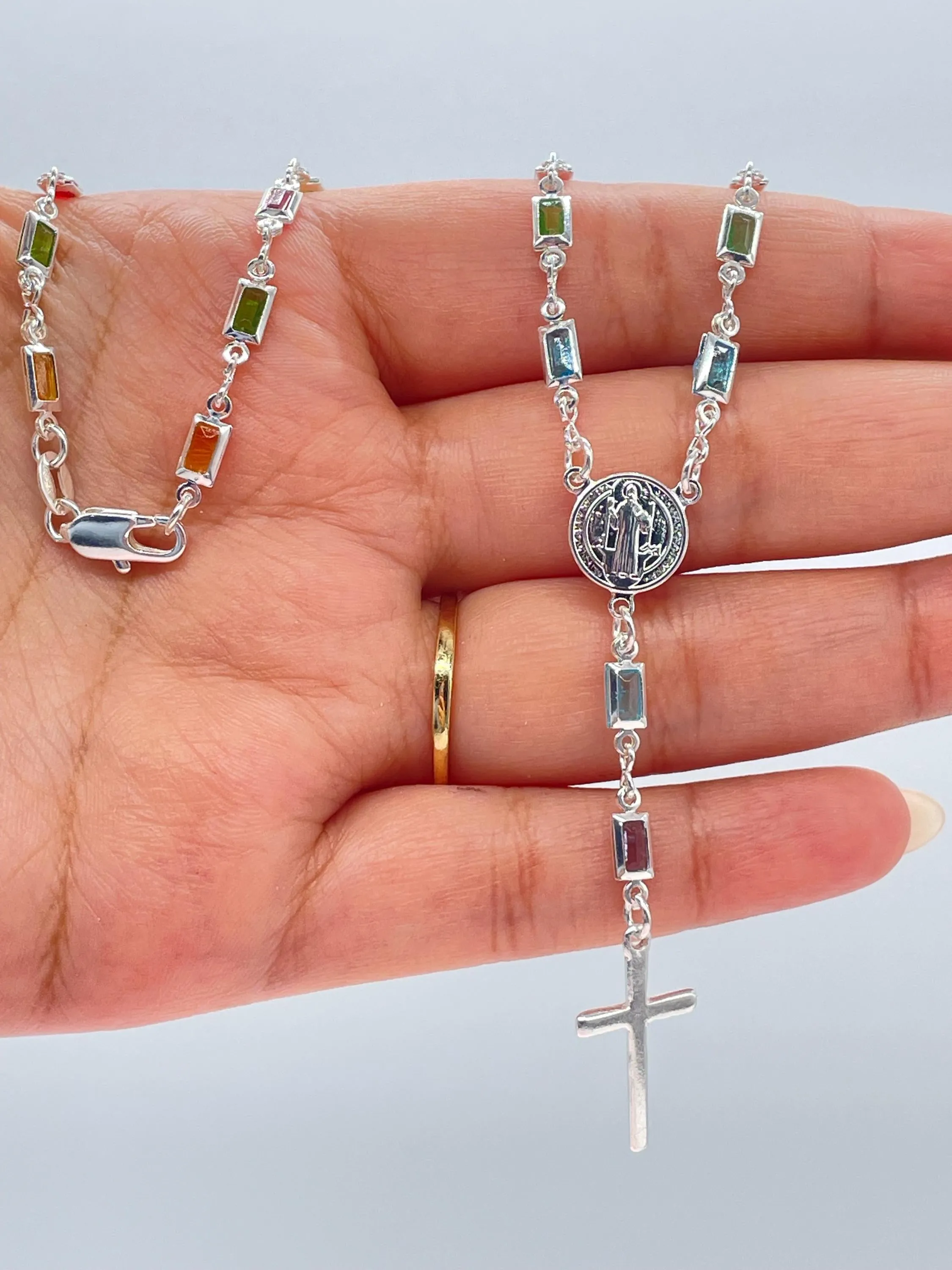 Silver Filled Small Square Colorful Rosary Necklace, Multicolor with St. Benedict Round Medal and Cross